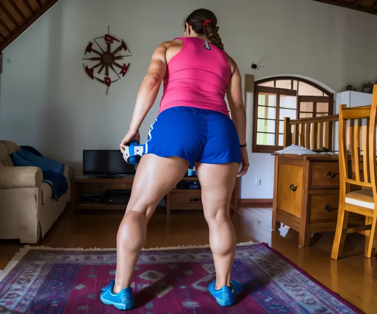 there is a woman in a pink shirt and blue shorts playing wii, Bermuda, lunging at camera :4, tiro longo de costas, tiro longo das costas, tiro traseiro, view of the back, vestindo shorts vermelhos, medium shot taken from behind, Backview, Costas - Pneu, Ti...