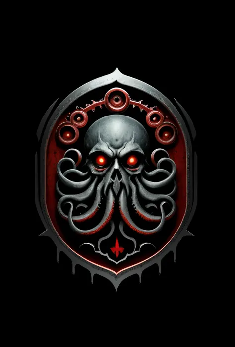 Lovecraftian horror logo design,t shirt design,beefy style,design only,white background,no model,professional,high contrast,high-res,ultra-detailed,vivid colors,metallic accents,sharp focus,edgy,dynamic composition,gritty texture,rough brush strokes,mechan...