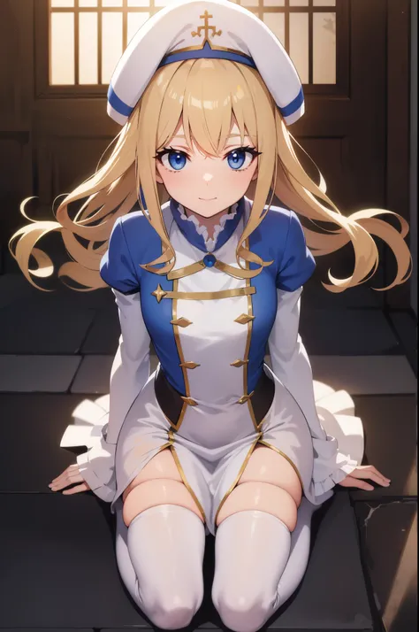 priestess, priestess, blonde hair, blue eyes, long hair, hair between eyes, (small breast:1.0), smile, break boots, dress, frill...