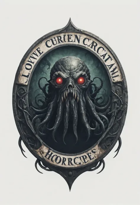 Lovecraftian horror logo design,t shirt design,beefy style,design only,white background,no model,professional,high contrast,high-res,ultra-detailed,vivid colors,metallic accents,sharp focus,edgy,dynamic composition,gritty texture,rough brush strokes,mechan...