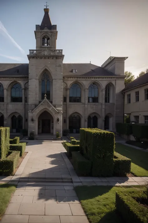 Minecraft high school, beautiful building, beautiful landscape, cathedral style, large building, courtyard at the back of building, large welcoming entrance with lots of foliage, sunset time, with shaders on