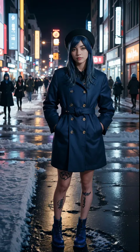 50 years old, gorgeous cute  Turkish girl, smirk, freckles, polaroid photo, (dark skin:1.3), (medium blue hair:1.6), Araffe woman wearing coat and hat standing on a snowy road, Standing at street, Standing in the snow, Standing at street, Standing on the s...