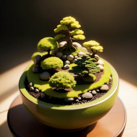 Miniature Bonsai landscape with dolls on top of Realistic, Photography, Studio lighting, shot by Phase One camera, HDR clarity detail, Hyperfocal length, 8K, Ultra Realistic