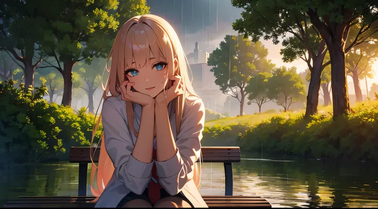 A girl sitting alone on a bench in a park, her head slightly tilted, looking off into the distance. Her beautiful eyes are extremely detailed, with long eyelashes that add depth to her gaze. The rain is gently falling, soaking her hair and clothing, creati...