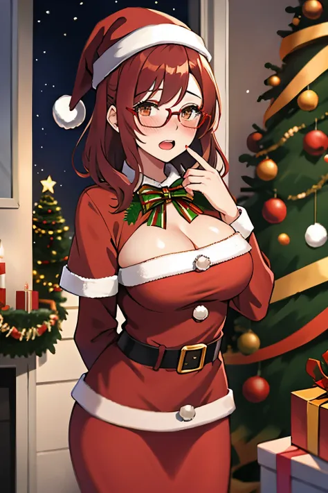 one girl, medium hair, red hair, brown eyes, glasses,big breasts,(makeup),embarrased, open mouth, big blush, (hands behind back), red santa claus dress,standing pov from front,house, indoor,Christmas tree,night atmosphere