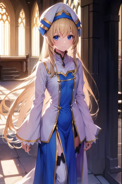 priestess, priestess, blonde hair, blue eyes, long hair, hair between eyes, (small breast:1.0), smile, break boots, dress, frill...