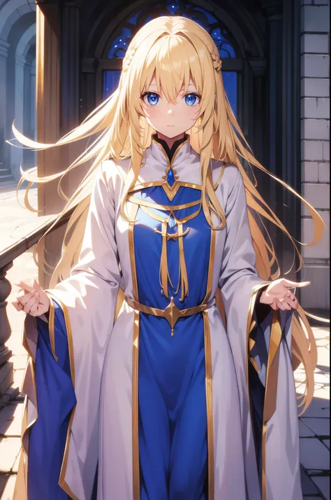 priestess, blonde hair, blue eyes, long hair, hair between eyes,