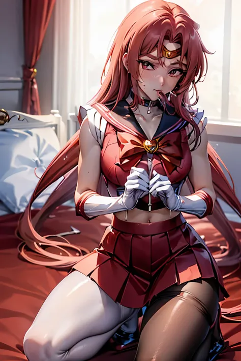 masutepiece, Best Quality, 1girl in, (ingridms),Red color hair, (red eyes:1.2),((Sailor Senshi))、((a miniskirt))、((embarassed expression))、((Bedroom))、((Kneeling))、((pantyhose))、((Long))、((White Long Gloves))、((Holding a skirt))、((pumps))、((blow job))、((Su...