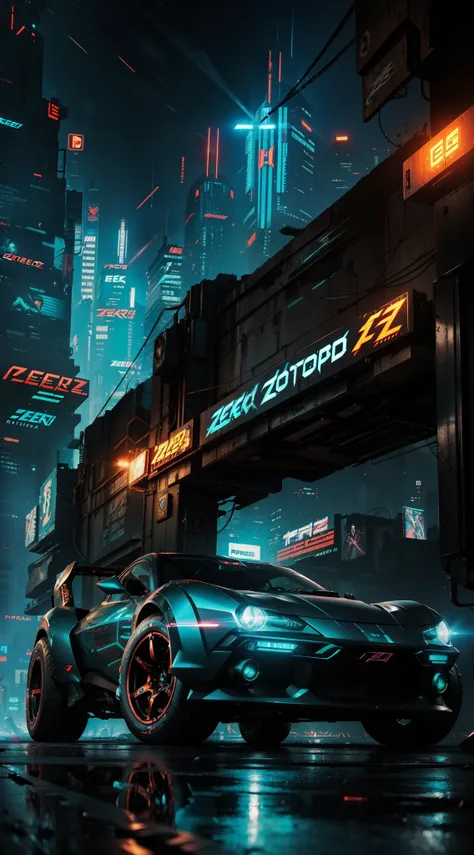 a 3/4 front view of ((futuristic cyberpunk hotrod zeekars)) (with glowing tires), at the parking lot