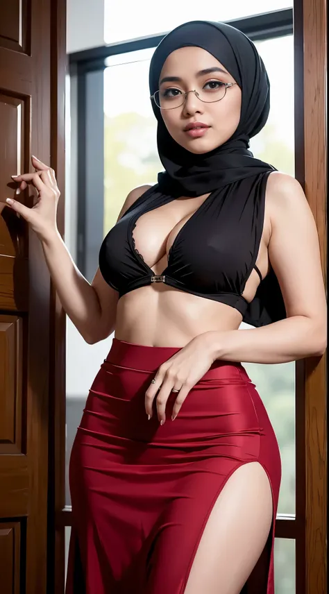 naughty, (iu:0.8),cleavage, RAW, Best quality, high resolution, Masterpiece: 1.3, Beautiful glasses pearl_skinned sexy hijabi malaysian wearing high slit skirt,  the side parted skirt shows the thighs,  Masterpiece, Soft smile