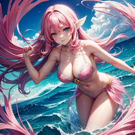 Pink hair, mermaid, pink scales, pink eyes, large breasts, alien ocean