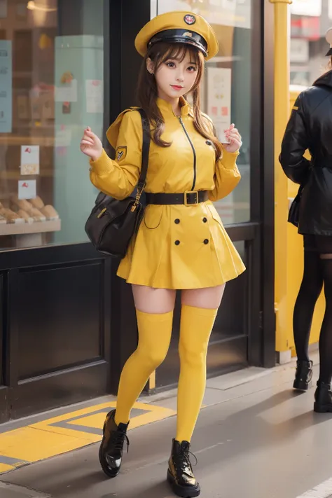 mustard-covered female idol（cute mustard yellow military uniform）、reluctant、full body esbian、red knee socks and military cap