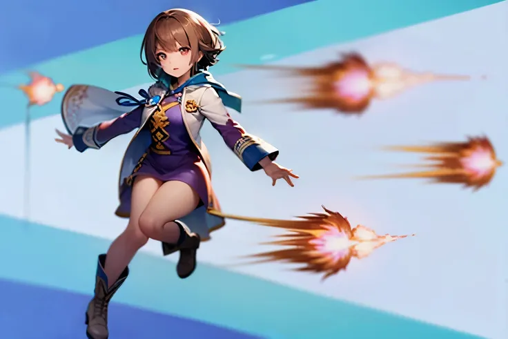 best quality, HD, 1 girl, short hair, looking to the right, violet tunic, white boots, launching fireballs, blue background