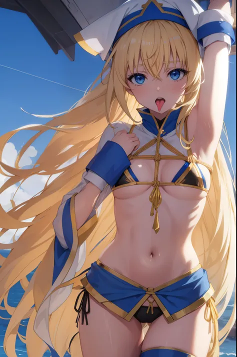 priestess, blonde hair, blue eyes, long hair, hair between eyes,ahg rolling eyes tongue,((bikini)),(bondage)