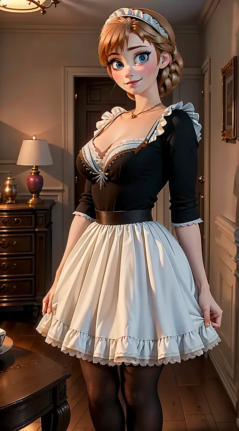 woman, ((Masterpiece, best quality)), full body view, bursting huge breasts, detailed skin, Anna from Frozen as a maid, maid clothes, clileaning the living room,  highly detailed, cinematic lighting, ultra realistic, blush, looking at viewer, anna, anna fr...