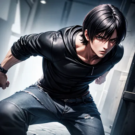 Look like Leon kennedy black hair black hood black jacket gray t shirt black jean fighting on ring at night back side look Animation 3d