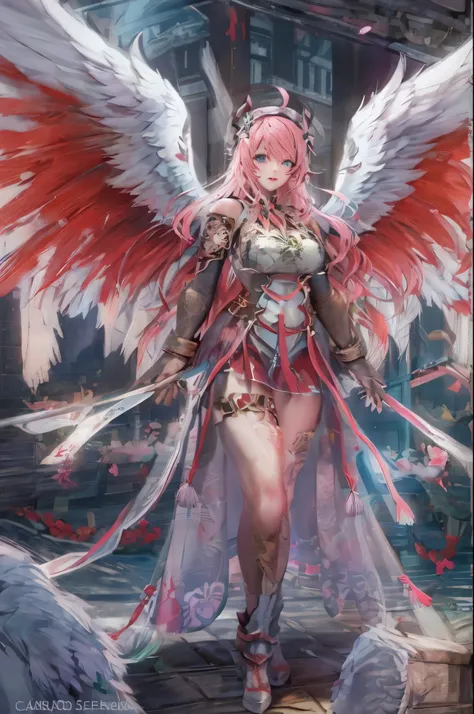 「huge brightly colored wings」quality over 8k, a female angel,sexy,long blonde hair,anime,goddess,symmetrical blue eyes,ultra det...