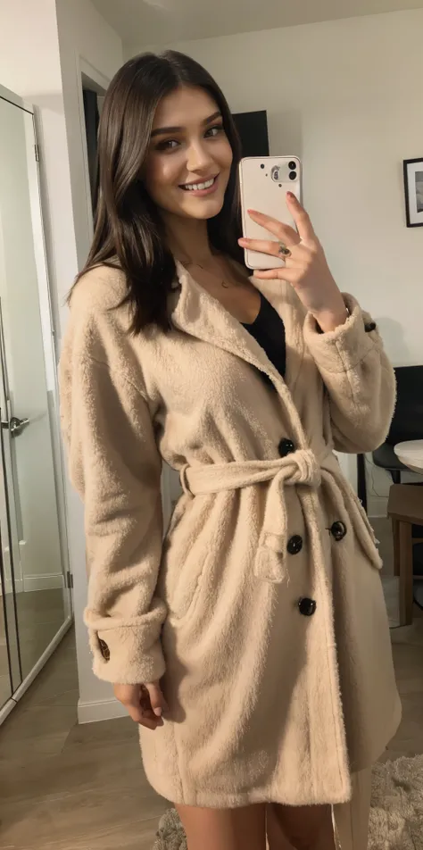 Allie dunn dark hair smiling coat hyperrealistic texture selfie style shot in mirror in apartment