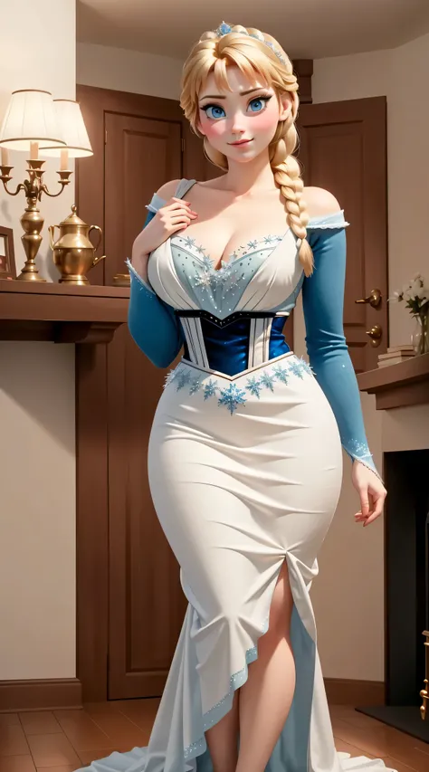 woman, ((masterpiece, best quality)), full body view, bursting huge breasts, detailed skin, anna from frozen as a maid, maid clo...