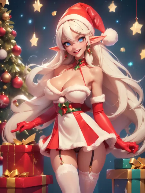 ((decorating christmas tree without underwear)) ((tall beautiful female elf santa claus helper)) ((Big bright blue eyes)), ((elf ears)) ((dark eyeshadows make up)) ((bright red lipstick)), ((happy smile)) ((very long platinum blonde hair with bangs coverin...