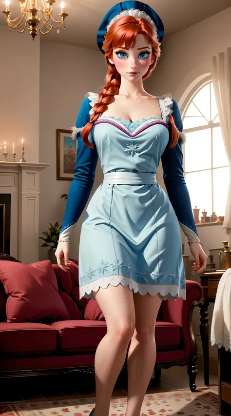 woman, ((Masterpiece, best quality)), full body view, bursting huge breasts, detailed skin, Anna from Frozen as a maid, maid clothes, clileaning the living room,  highly detailed, cinematic lighting, ultra realistic, blush, looking at viewer, anna, anna fr...