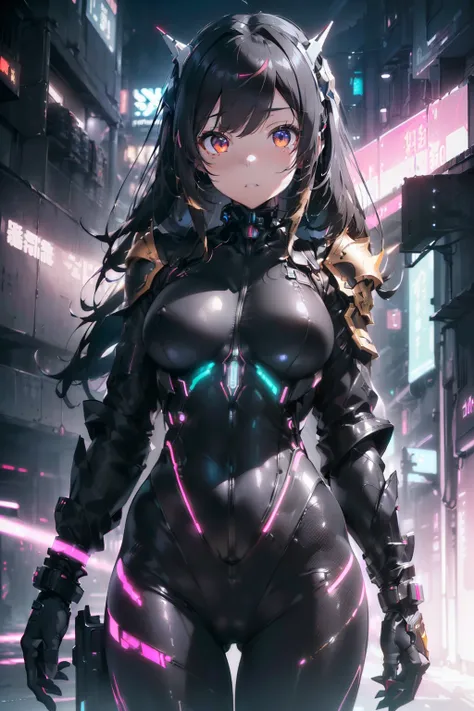 Arknights girl (masterpiece), best quality, expressive eyes, (((in hyper realistic and detailed neon-lit sci-fi plugsuit black, white & golden armor, aethereal aesthetic style))) beauty korean idoll, intricate perfect beauty cute face, detailed sharp eyes,...