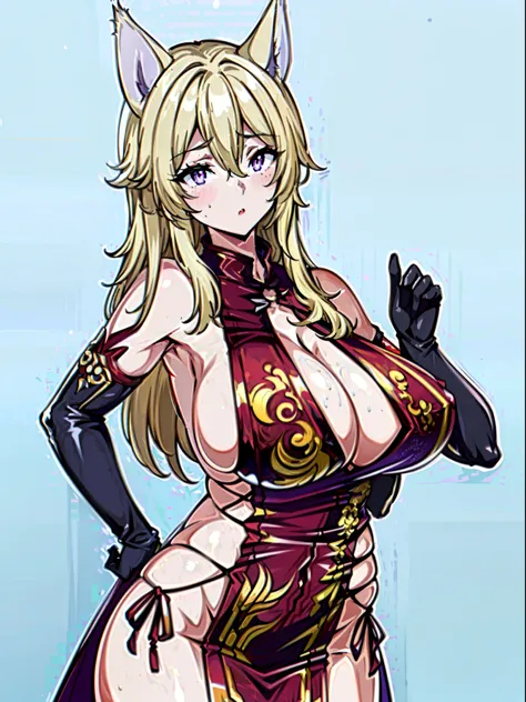 masterpiece, best quality, extremely detailed, 1girl, mature female, solo, Zeta, (huge breasts:1.3), (((blonde hair, long hair, purple eyes, slit pupils, wolf ears, wolf tail))), parted lips, (((china dress, elbow gloves, black gloves))), ((blush, :o), clo...