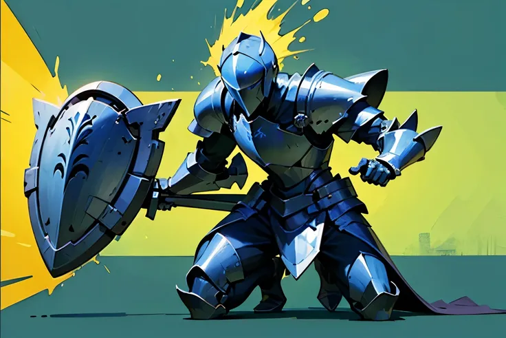 Best quality, high definition, blue shield reflecting, hurt knight in the ground, green background