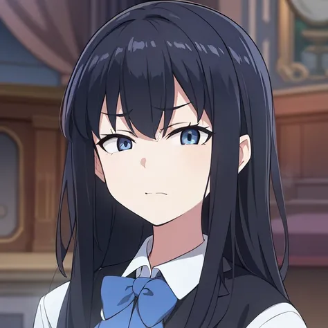 hiquality, tmasterpiece. the anime. (one girls) aristocrat. dark colored hair. gray eyes. Sullen face. Black Collet. white  shirt. bow. Against the backdrop of a luxurious palace room