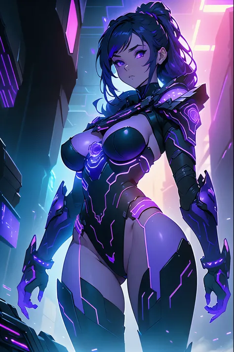 (Masterpiece,best quality),1 girl,pale skin,big breasts,black armor,(purple-blue trims:0.8),(purple-blue led and rgb,details:1.3),led trims,octane render,futuristic destroyed city,niji v5,perfect lighting,(loincloth),cinematic lighting,standing,from below,...