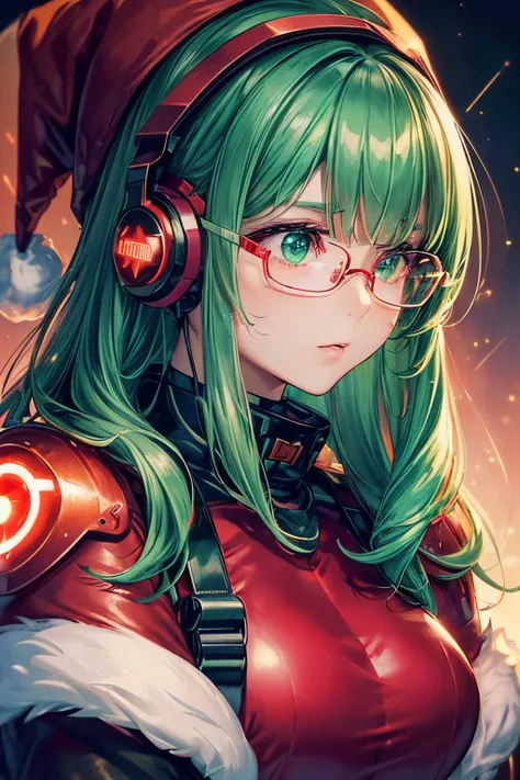 ((worst quality, low-quality)), Super delicate, ​masterpiece,Composition of the upper body, girl with, Solo, (Big breasts), ((chest opened, santa costume:1.2)), ((close up:1.3)), (Green hair, Longhaire), Hair over one eye, (Under-rim glasses:1.3),plump shi...