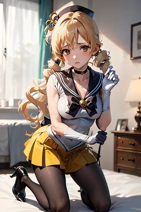 masutepiece, best quality, 1girl in, (mami tomoe),yellow hair, (black eyes:1.2),((sailor senshi))、((a miniskirt))、((embarassed e...