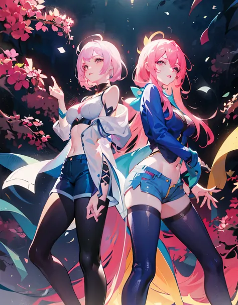 there are two women with pink hair and blue shorts posing for a picture, jazza and rossdraws, artwork in the style of guweiz, rossdraws pastel vibrant, two beautiful anime girls, anime styled digital art, rossdraws and jazza, loish and ross tran, artgerm a...