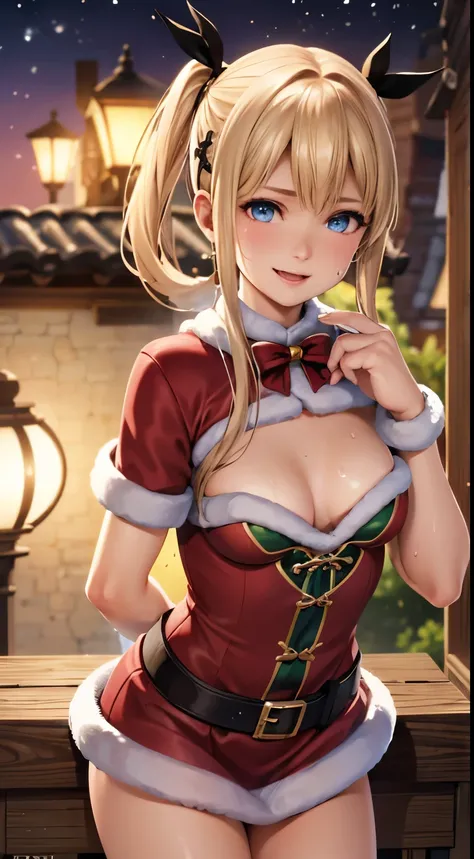 best quality, highres, ultra-detailed, realistic:1.37), A lady, 12 years old, (opening my mouth),(slightly wet with sweat), (smiling), (fantasy, night), weaing a thonh an santa top