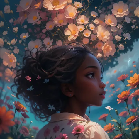 (masterpiece, best quality)There is a black girl ((dark skin)) detailed face, standing in a flower field looking up at the sky, a girl standing in a flower field, a girl walking in a flower field, lost in a dreamy wonderland, standing in a flower field, fa...