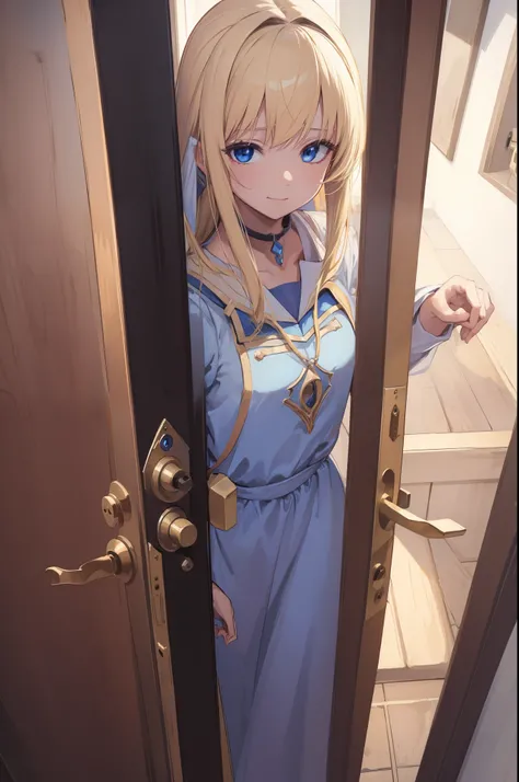 ((((collar:1,4)))),((((leash))))priestess, priestess, blonde hair, blue eyes, long hair, hair between eyes, (small breast:1.0), smile, (((((open door
doorway))))), BREAK indoors, church, BREAK (masterpiece:1.0), best quality, high resolution, unity 8k wall...