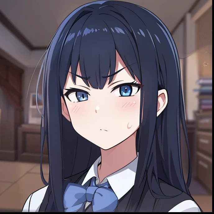 hiquality, tmasterpiece. the anime. (one girls) aristocrat. dark colored hair. gray eyes. Sullen face. Black Collet. white  shirt. bow. Against the background of a luxurious room