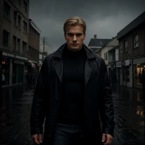 man resembling blonde Superman wearing black street clothes descending from the sky at dawn in the heavy rain wearing a black overcoat, distant figure, focus on the sky, heavy rain, dense scenery, gloomy dawn, eyes shining red, terror, photo with an angeli...