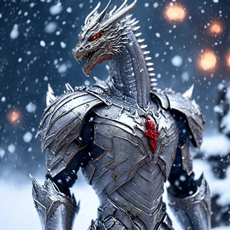 close-up (human figure knight dragon-man made of metal objects from marvel in christmas style: 1.3) emerging from the snow storm...