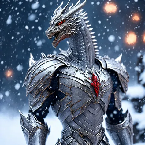 Close-up (Human figure knight dragon-man made of metal objects from Marvel in Christmas style: 1.3) emerging from the snow storm, well detailed, volumetric light