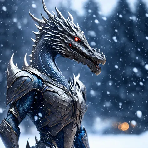 Close-up (Human figure dragon made of metal objects from Marvel in Christmas style: 1.3) emerging from the snow storm, well detailed, volumetric light