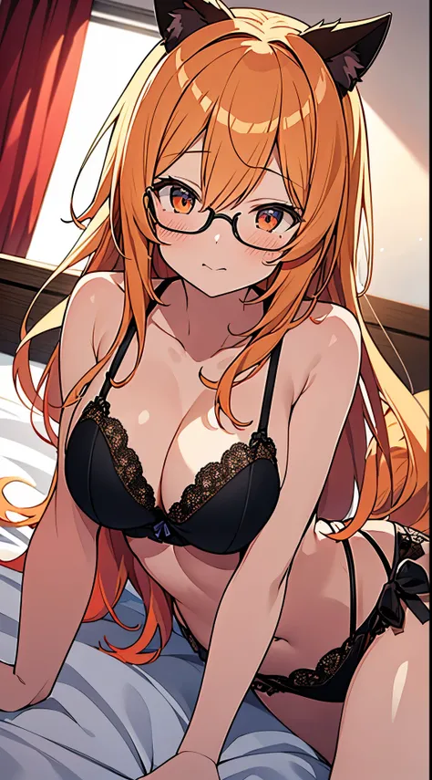 (Best Quality:1.3)、1girl in、Colossal tits、orange bra and lace panties、Lying on your back in bed、Twin-tailed、eye glass、Shyness、Cute anime illustration、Kamimei、