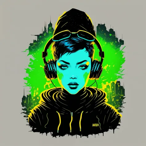 (masterpice) hooded cyberpunk  with music headphones in the head and looking straight ahead,(blue and black), (empty background :1.4), streetwear, colofull, outlined, centered, stunning illustration, wide shot, realistic, intricate, vibrant, extremely shar...