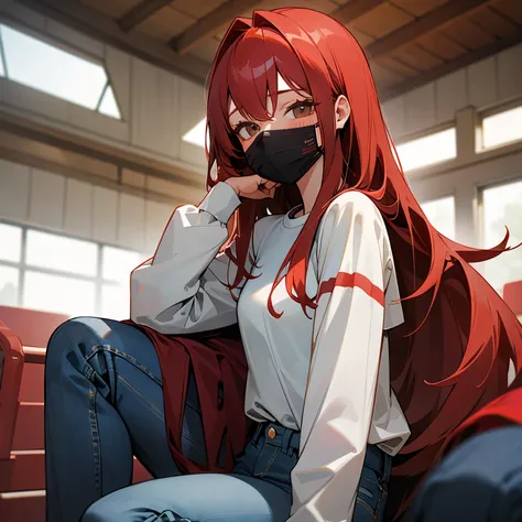 Tall red-haired girl in a red mask that covers her nose and mouth,a long-sleeved shirt underneath and a short-sleeved shirt on top and jeans sitting on a school track