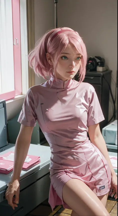 （A girl with pink double ponytail with long hair and pink nurse costume sitting on desk：1.3），1girls,（Wear pink：1.3），Nurse hat，（hospital ward：1.3），hospital bed，Doctors table，Solo，upper-body（Bottom-up perspective：1.3），Bright geeen eye，Smile with，Sit on the g...