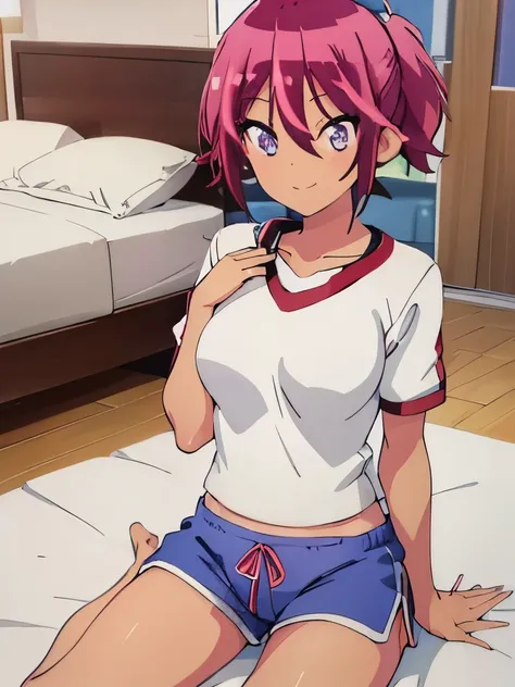 ((masterpiece)), ((best quality)), (ultra-detailed), anime style, on the bed, a cute girl, 1girl, solo, gym shorts00, ((beautifu...