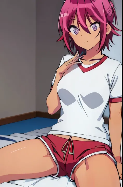 ((masterpiece)), ((best quality)), (ultra-detailed), anime style, on the bed, a cute girl, 1girl, solo, gym shorts00, ((beautiful eyes))0, smile