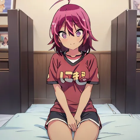 ((masterpiece)), ((best quality)), (ultra-detailed), anime style, on the bed, a cute girl, 1girl, solo, gym shorts00, ((beautifu...