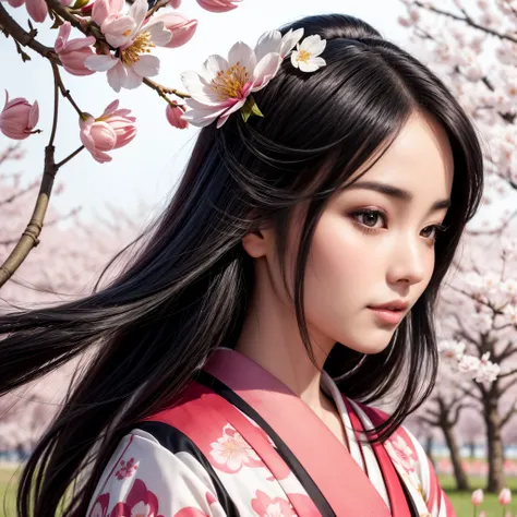 a beautiful geisha with flowing black hair, with a flower on her head, with beautiful lips, silky skin (well made up), beautiful eyes, wearing a beautiful kimono, posing in a field of cherry blossoms and pink tulips, beautiful geisha of hyperrealistic spri...