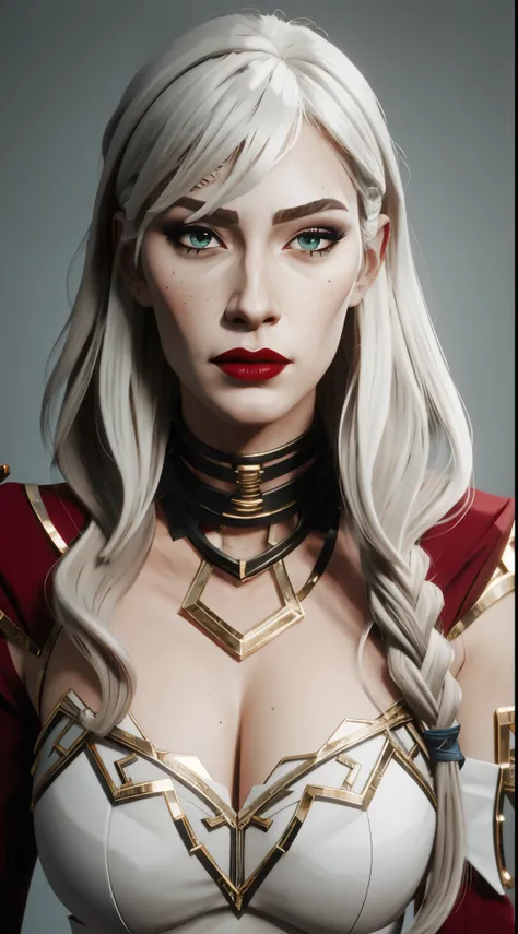 (masterpiece:1.2, best quality), (real picture, intricate details), 1lady, solo, upper body, casual, long hair, heavy makeup, white face, red lipstick, red eyeshadow, natural fabrics, close-up face, serious, warrior, female warrior, armour, really long lig...